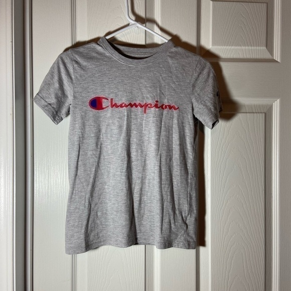 Champion T Shirt Boys Medium Short Sleeve Script Gray Logo Youth 10/12 GUC - Picture 1 of 4